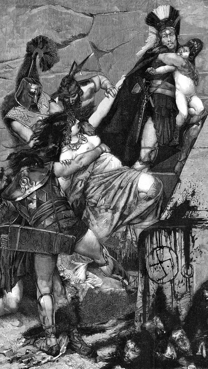Andromaque: Detail einer Gravur (1883) von Meaulle nach einem Gemälde von Georges Antoine Rochegrosse (1859-1938). In den Händen der griechischen Soldaten versucht Andromaque, seinen Sohn Astyanax zu halten, der von einem thrakischen Hopliten weggetragen w von Fortune Louis Meaulle