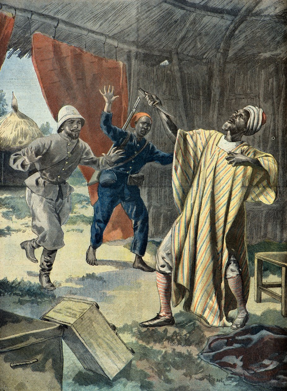 Versuchter Selbstmord von Samory Toure, Gefangener der Franzosen 1899 (Gravur) von Fortune Louis Meaulle