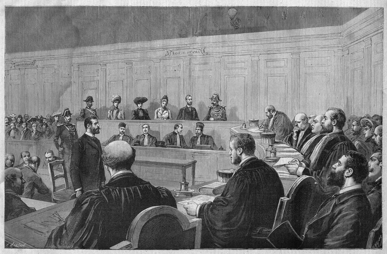 Der Skandal von Toulon im Jahr 1891: Affäre Fouroux - Jonquières - der Gerichtssaal, Zeugenaussagen - Gravur von Meaulle in „Le journal illustré“ von 1891 von Fortune Louis Meaulle