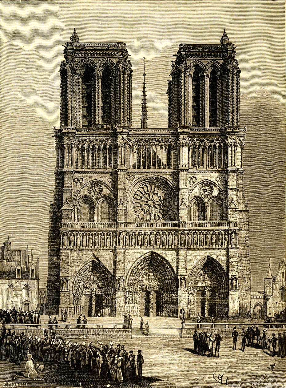 Notre Dame de Paris (Notre-Dame) im Jahr 1482: Westfassade und Vorplatz. Stich von F. Meaulle, basierend auf einer Zeichnung von Viollet-le-Duc zur Illustration des gleichnamigen Romans von Victor Hugo, Ausgabe Ollendorff Anfang des 20. Jahrhunderts. von Fortune Louis Meaulle