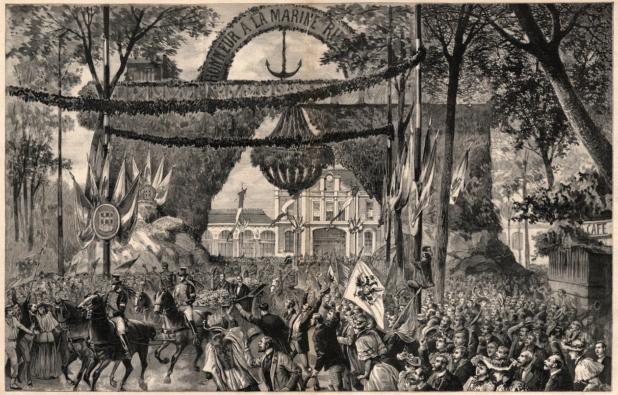 Die Ankunft von Alexis Alexandrovich Romanov (1850-1908), Großherzog von Russland, Bruder von Zar Alexander III. in Vichy im Jahr 1891 - Gravur von Meaulle von Fortune Louis Meaulle