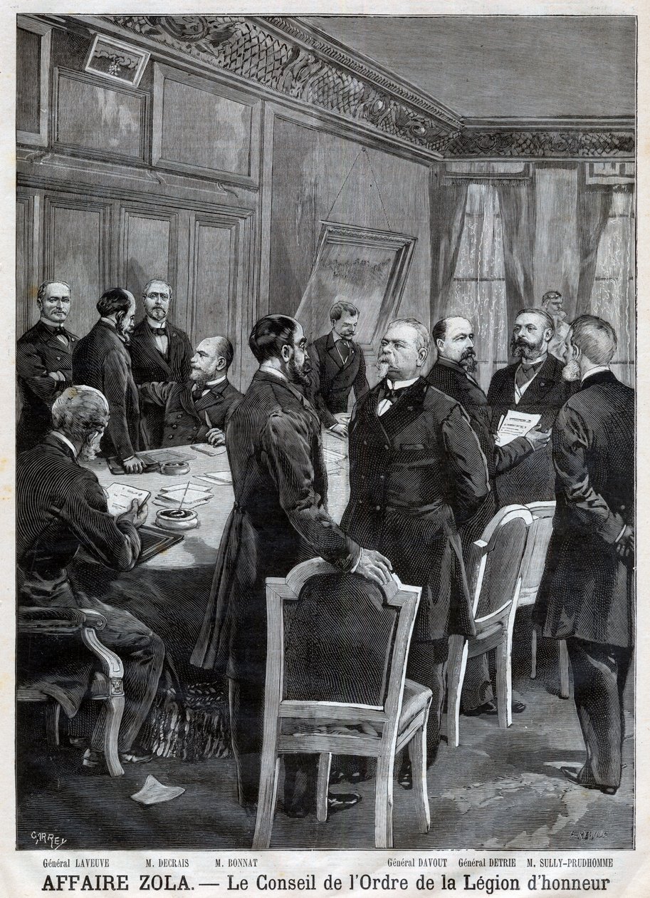 Der Rat des Nationalen Ordens der Ehrenlegion während der Dreyfus-Affäre, Gravur von F. Meaulle nach Garrey. „Le Petit Journal“, 24. April von Fortune Louis Meaulle
