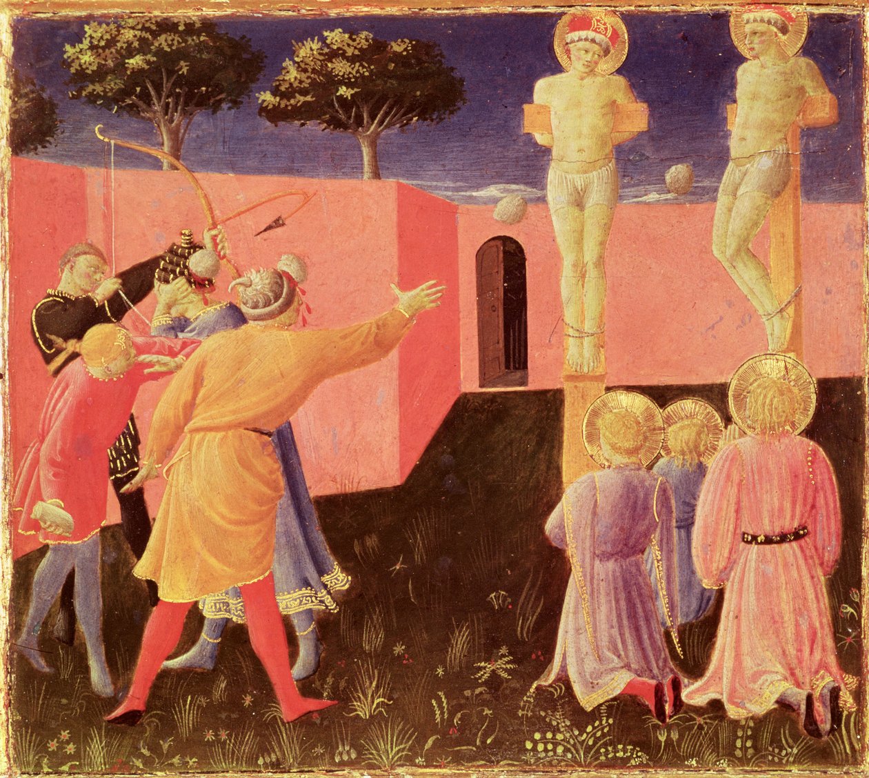 Die Kreuzigung und Steinigung der Heiligen Cosmas und Damian, Predella vom Annalena-Altar, 1434 von Fra Angelico