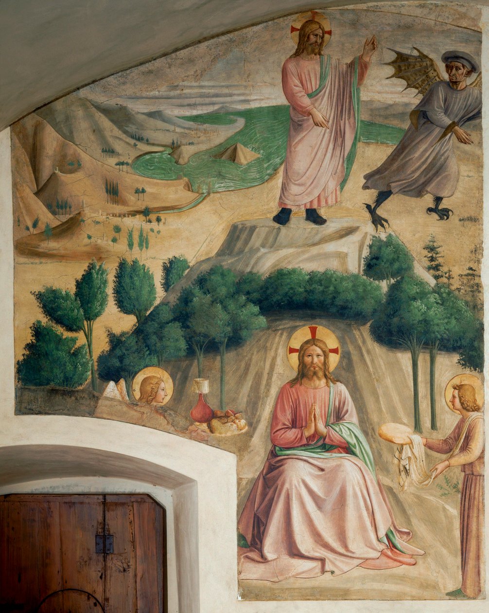 Cella 32: Jesus vertreibt den Teufel, der ihn in der Wüste versucht; Engel bringen ihm Brot von Fra (c.1387-1455) Angelico