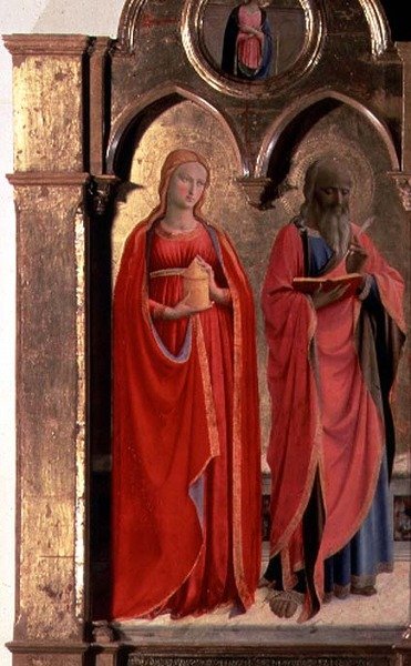 Jungfrau und Kind auf dem Thron mit vier Engeln, Detail von St. Johannes dem Evangelisten und Maria Magdalena, aus dem Polittico di San Domenico (Detail) von Fra (c.1387 1455) Angelico