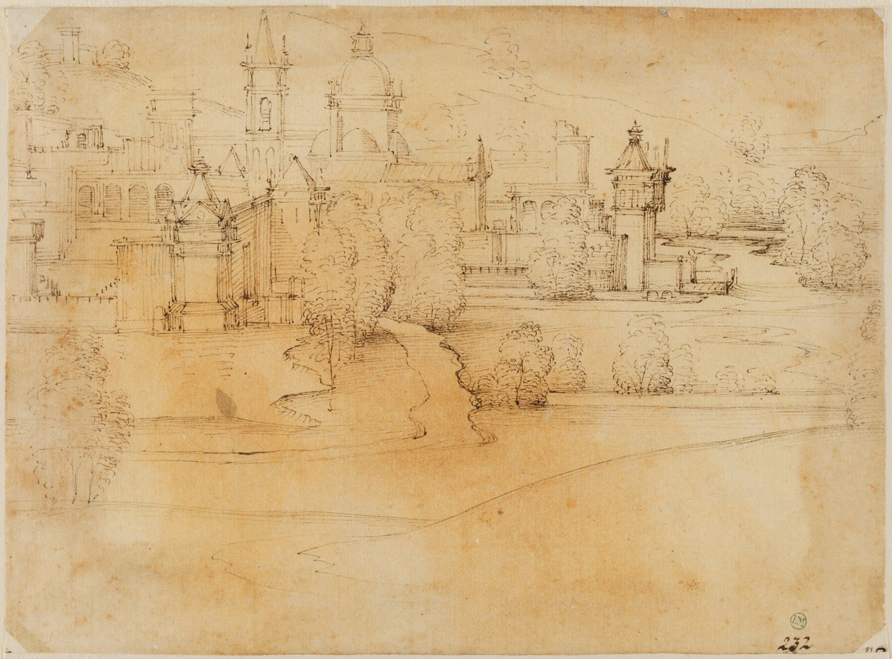 Ansicht einer Stadt mit Renaissancebauten an einem Fluss von Fra Bartolommeo