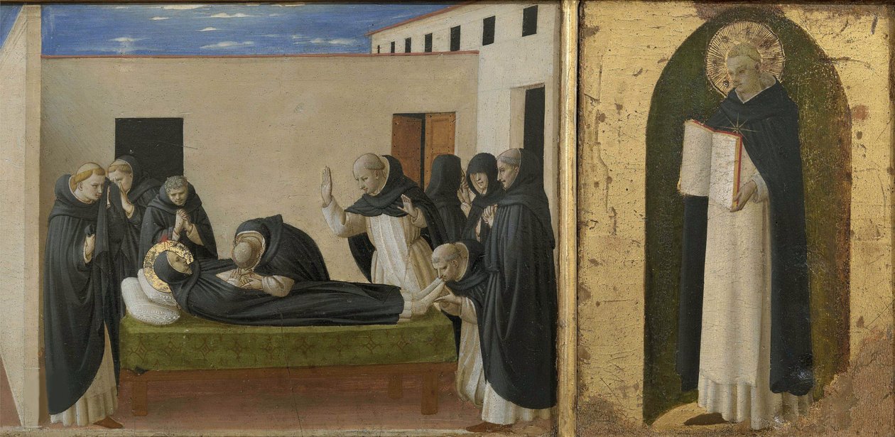 Tod des Heiligen Dominikus und des Heiligen Thomas von Aquin. Cortona-Polyptychon (Detail der Predella), ca. 1437 von Fra Giovanni Angelico da Fiesole