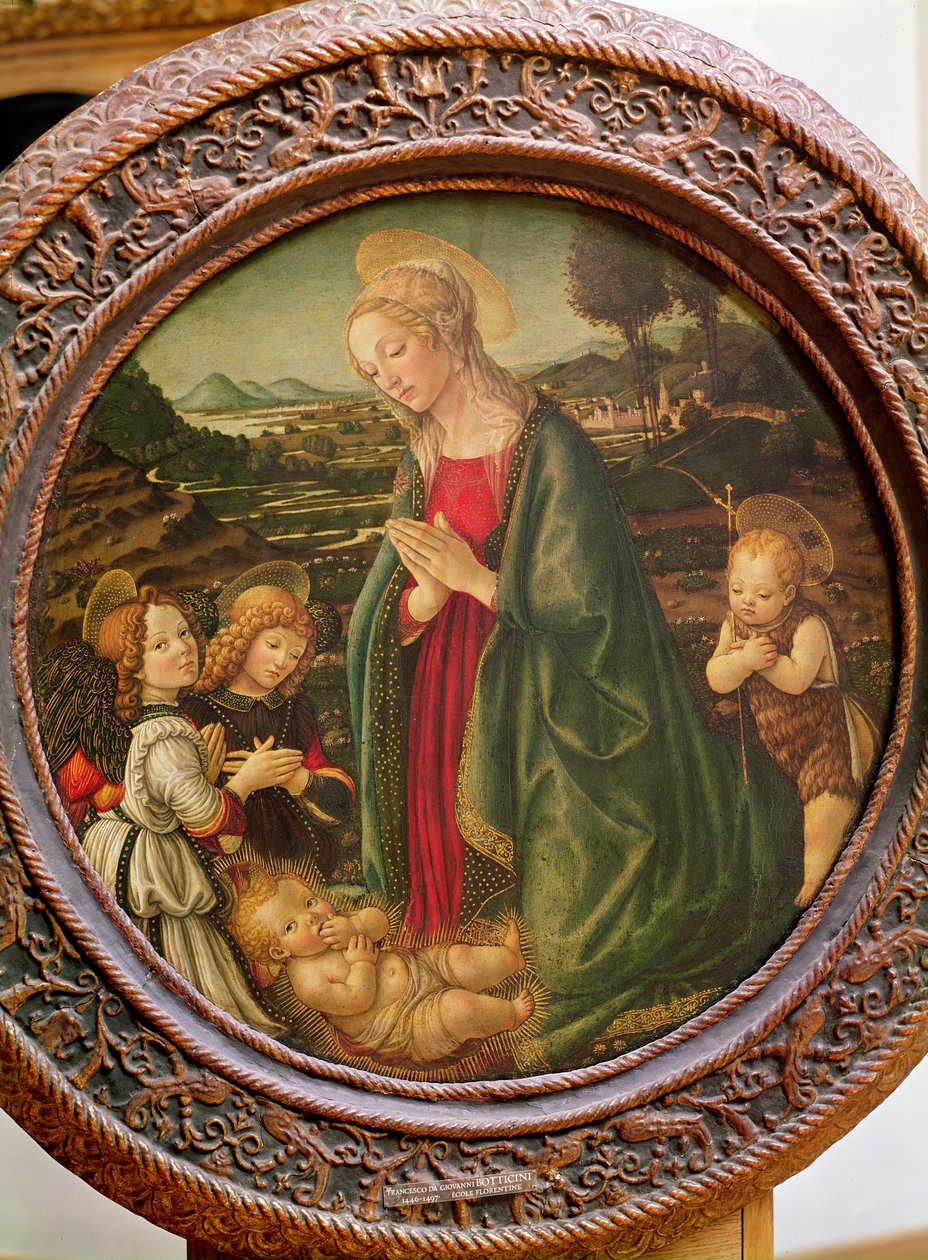 Die Jungfrau, die das Christkind anbetet, mit Johannes dem Täufer und zwei Engeln von Francesco Botticini
