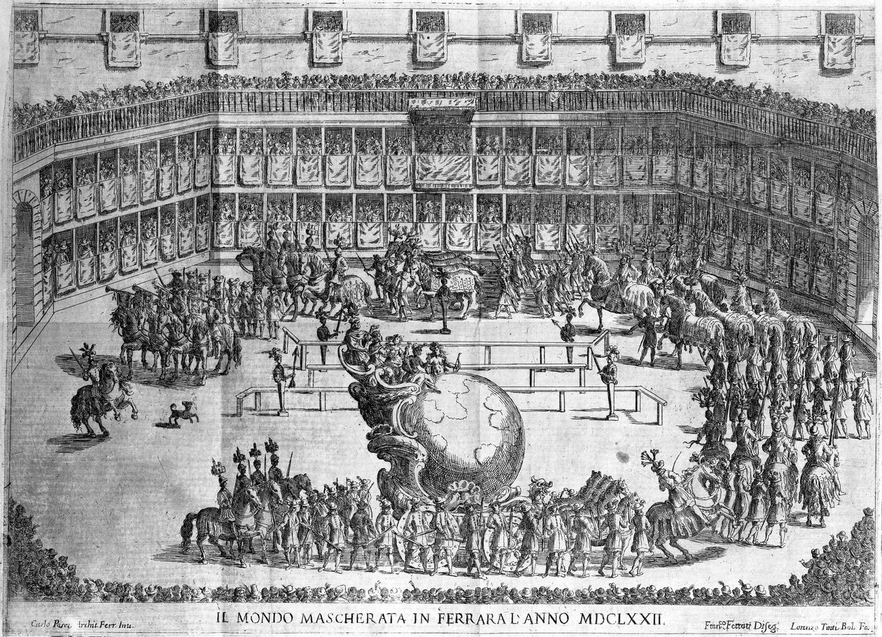 Prozession des Globus, Ferrara, gestochen von Lorenzo Tinti, 1672 von Francesco Ferrari