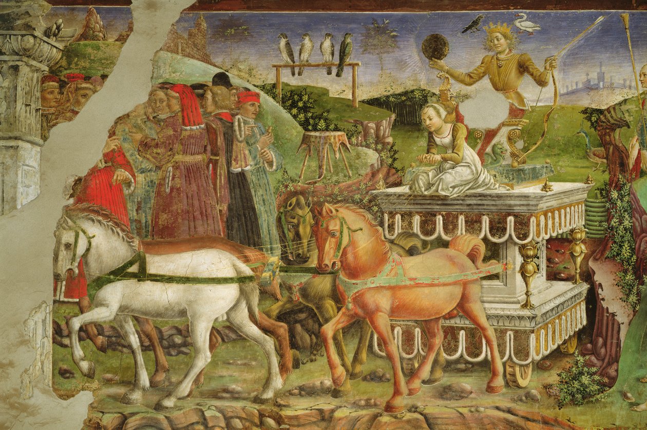 Allegorie des Mai: Apollos Wagen gezogen von Pferden und gelenkt von Aurora, Detail aus Triumph des Apollo, 1469-70 von Francesco del Cossa