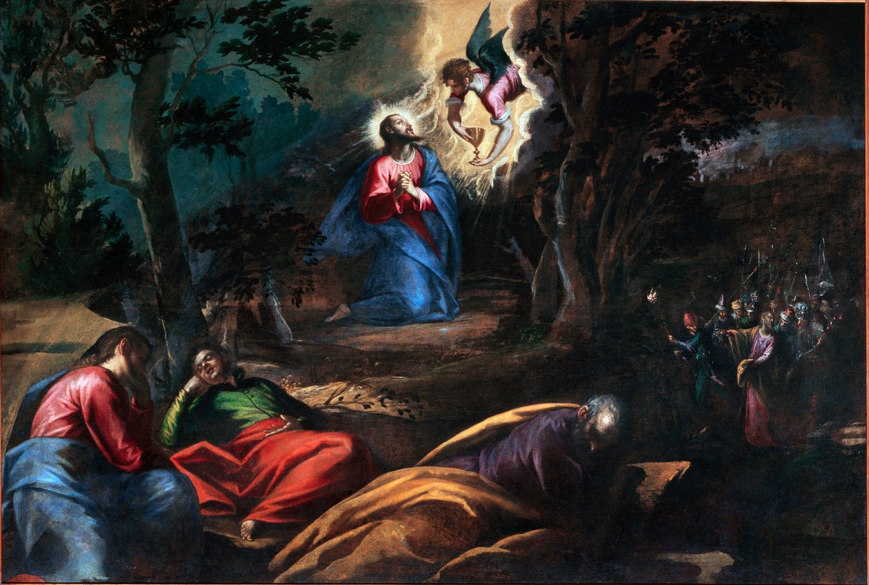 Das Gebet im Garten der Olivenbäume. Rechts kommt Judas mit den Soldaten, um Jesus Christus zu verhaften. Gemälde von Francesco Bassano dem Jüngeren (ca. 1549-1592) Venedig, Chiesa del Redentore, Italien von Francesco Bassano