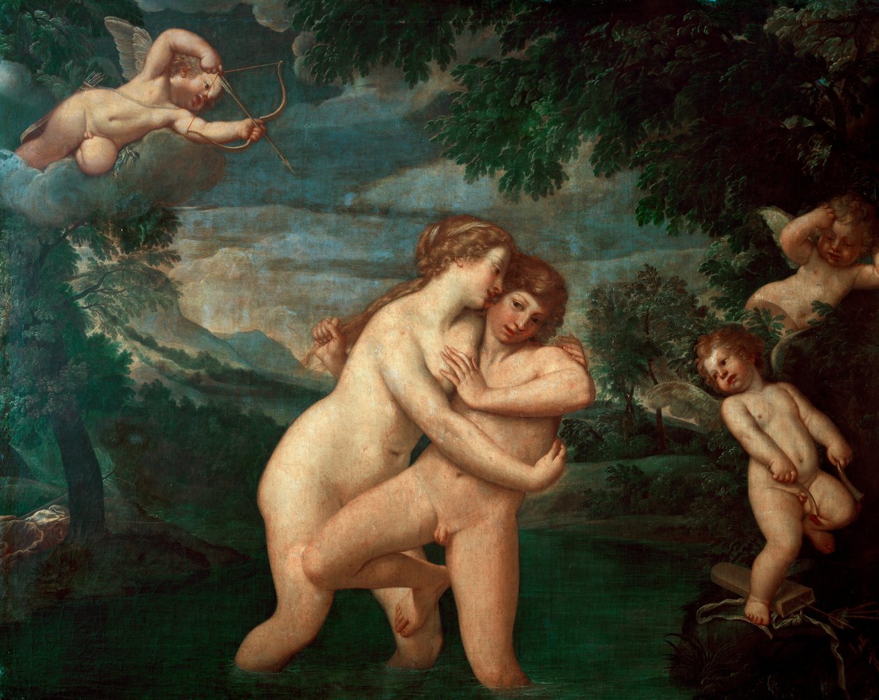 Salmacis im Bad zurückgewiesen von Hermaphroditus. Die Nymphe Salmacis, verliebt in den Sohn von Hermes und Aphrodite, sieht ihre Annäherungsversuche zurückgewiesen von Francesco Albani