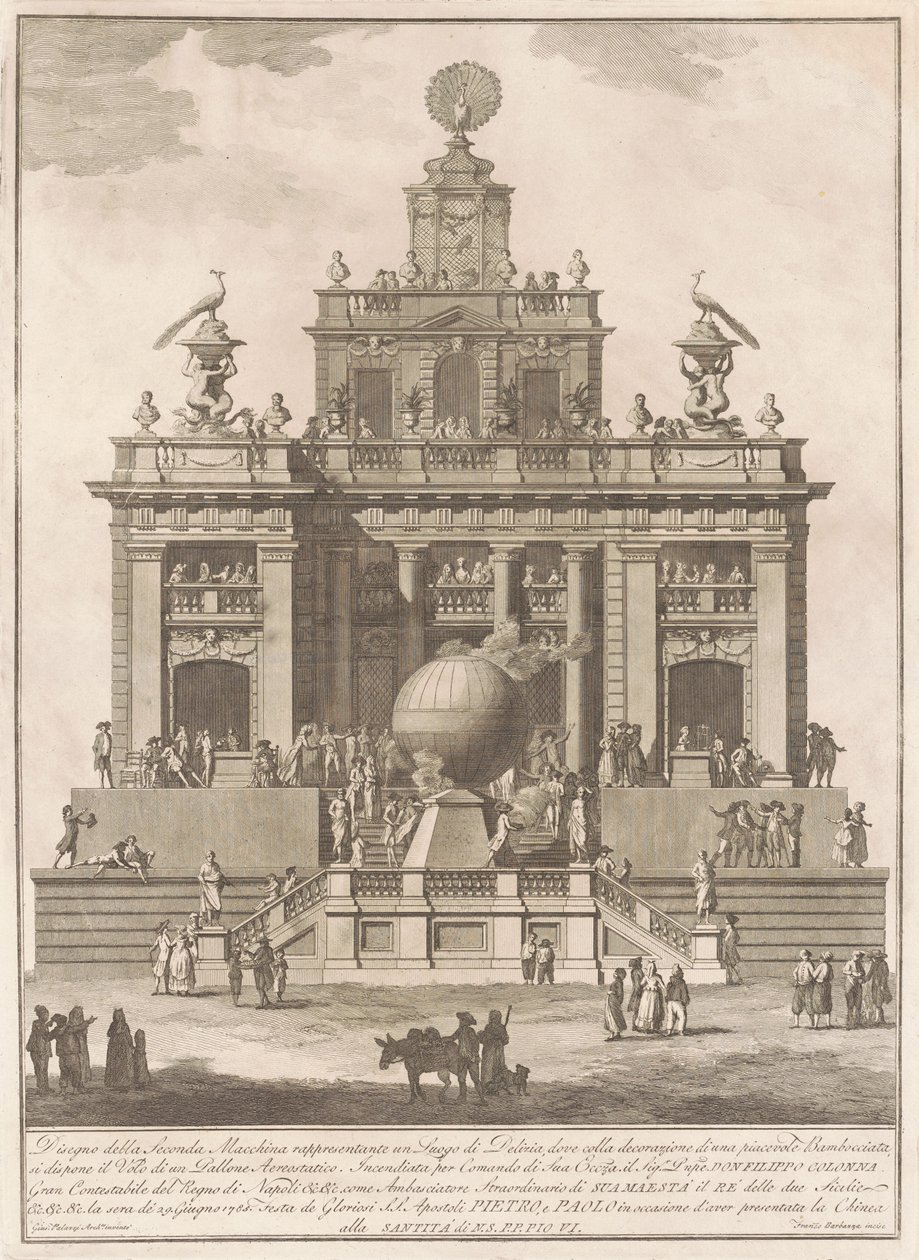 Die Seconda Macchina für die Chinea von 1785: Ein Lustschloss mit einem Heißluftballon von Francesco Barbazza