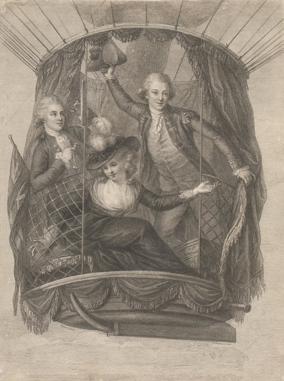 Aufstieg von Madame Sage, Chevalier Biggin und Kapitän Vincent Lunardi in einem Ballon, 20. Juni 1785 von Francesco Bartolozzi
