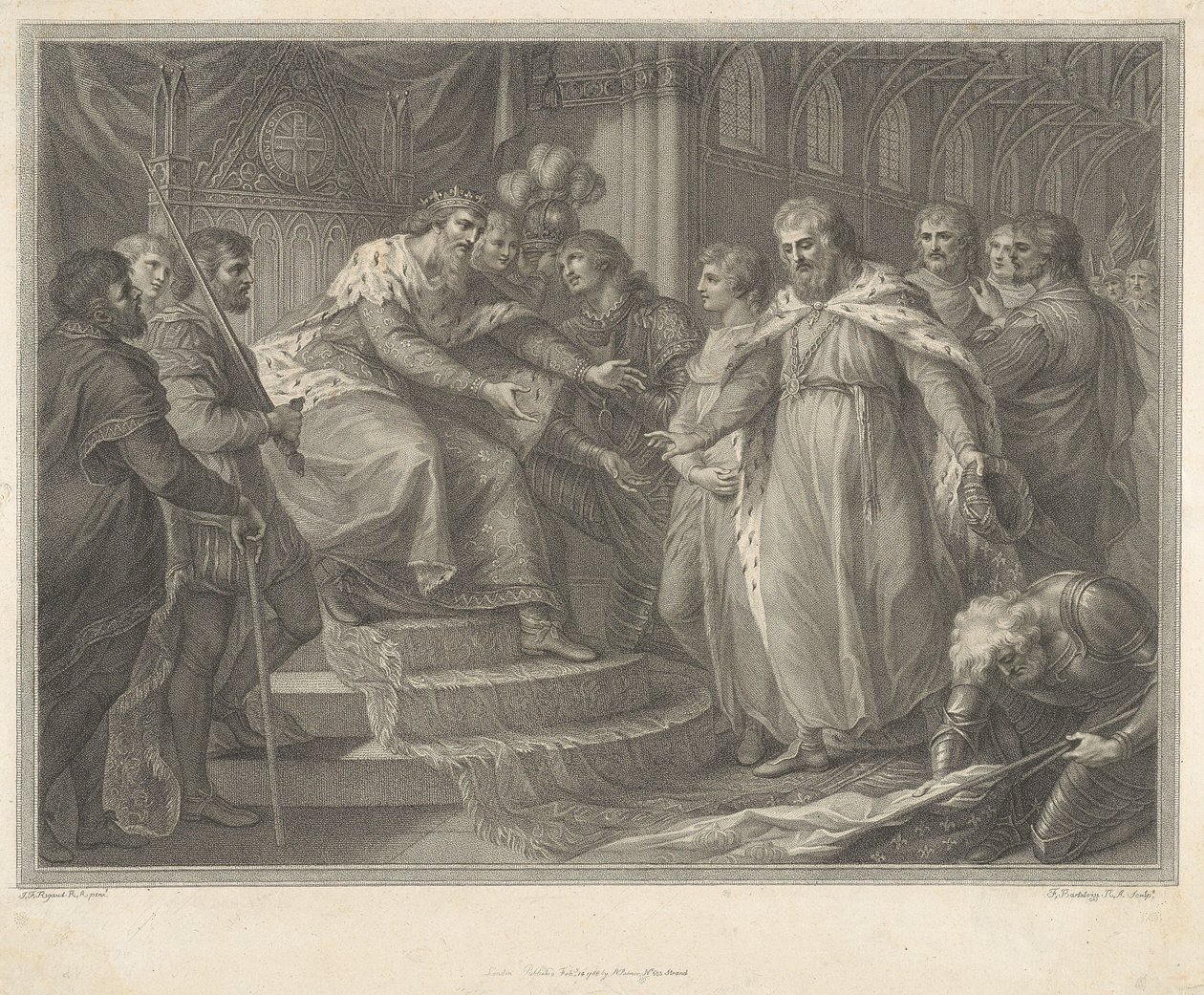 Edward, Prinz von Wales, präsentiert den gefangenen König Johann von Frankreich und seine Söhne seinem Vater Edward dem Dritten nach der Schlacht von Poitiers von Francesco Bartolozzi