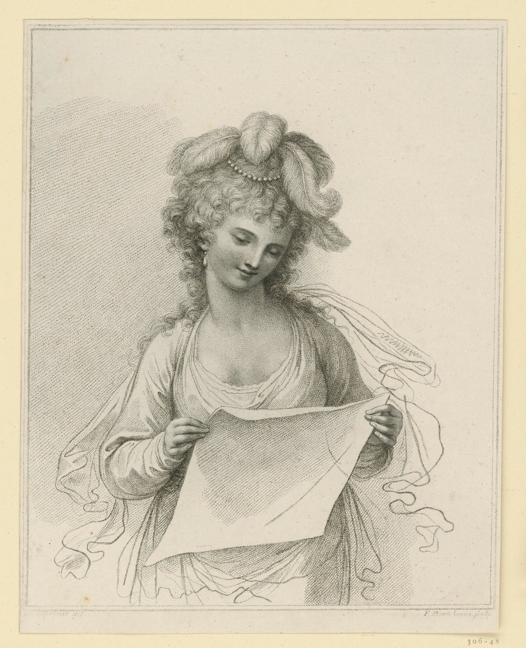 Lesende Frau mit Federhut von Francesco Bartolozzi