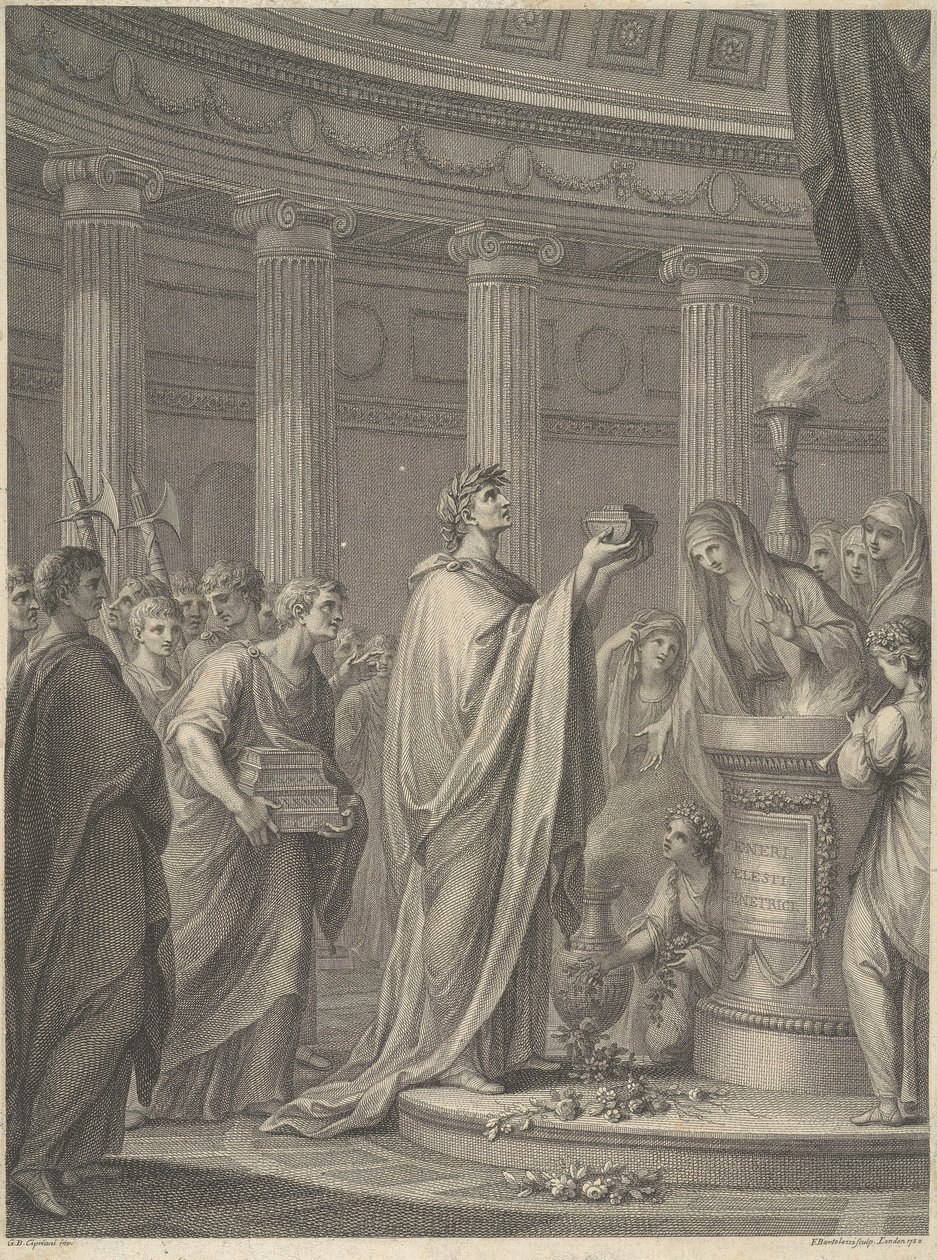 Römischer General Julius Caesar weiht den Tempel der Venus Genetrix im Forum von Caesar, Rom, 46 v. Chr. von Francesco Bartolozzi