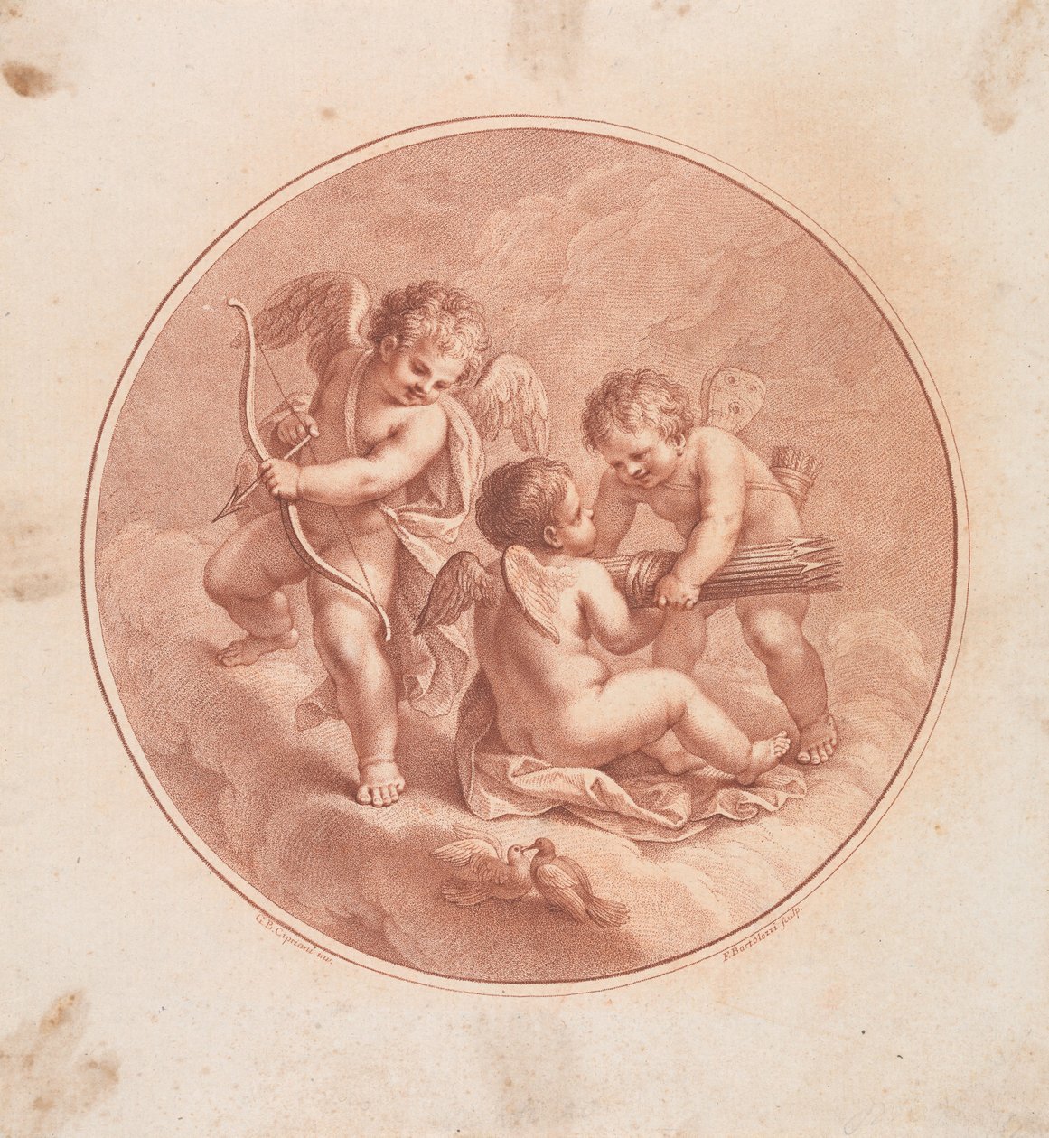 Drei Cupidos mit Bögen und Pfeilen und zwei Tauben von Francesco Bartolozzi