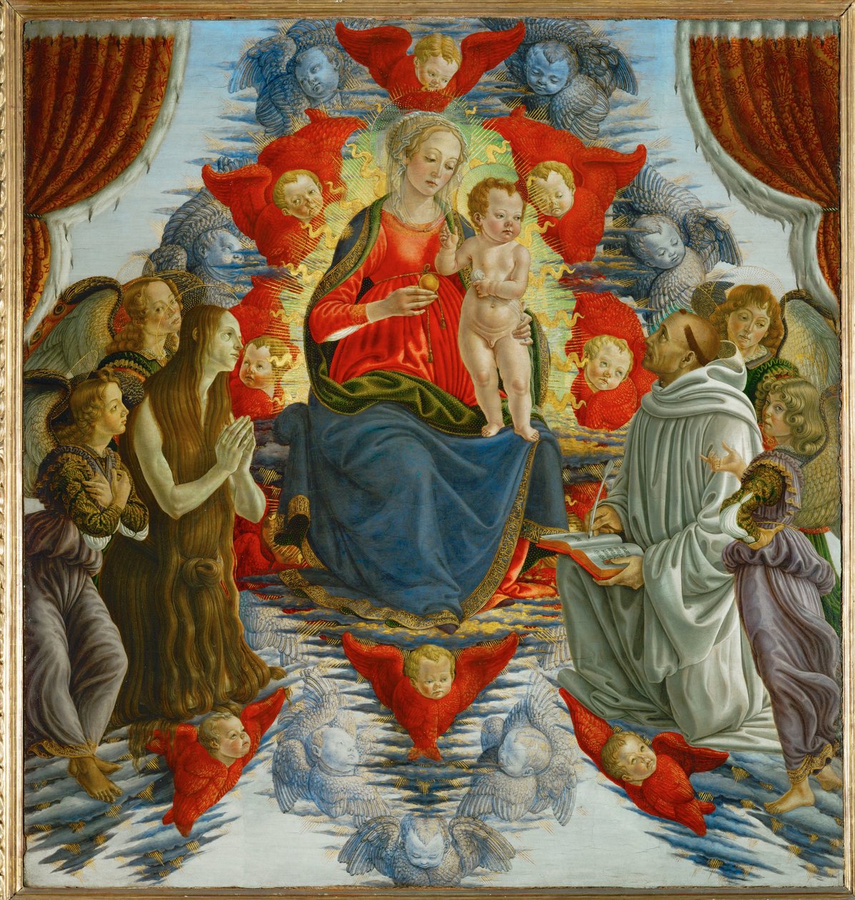 Die Jungfrau und das Kind umgeben von Engeln, der heiligen Maria Magdalena und dem heiligen Bernhard von Francesco Botticini