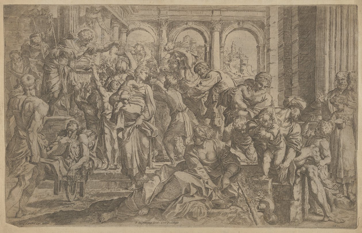 Der heilige Rochus verteilt Almosen an eine Gruppe von Menschen, ca. 1607 von Francesco Brizio