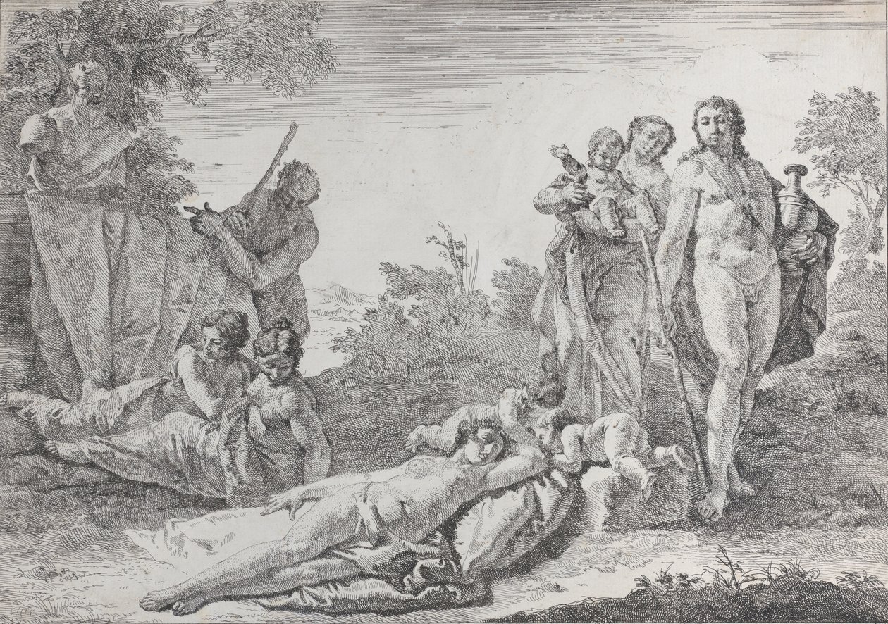 Neun Figuren bei einer Herme des Pan, aus Bacchanals und Geschichten von Francesco Fontebasso