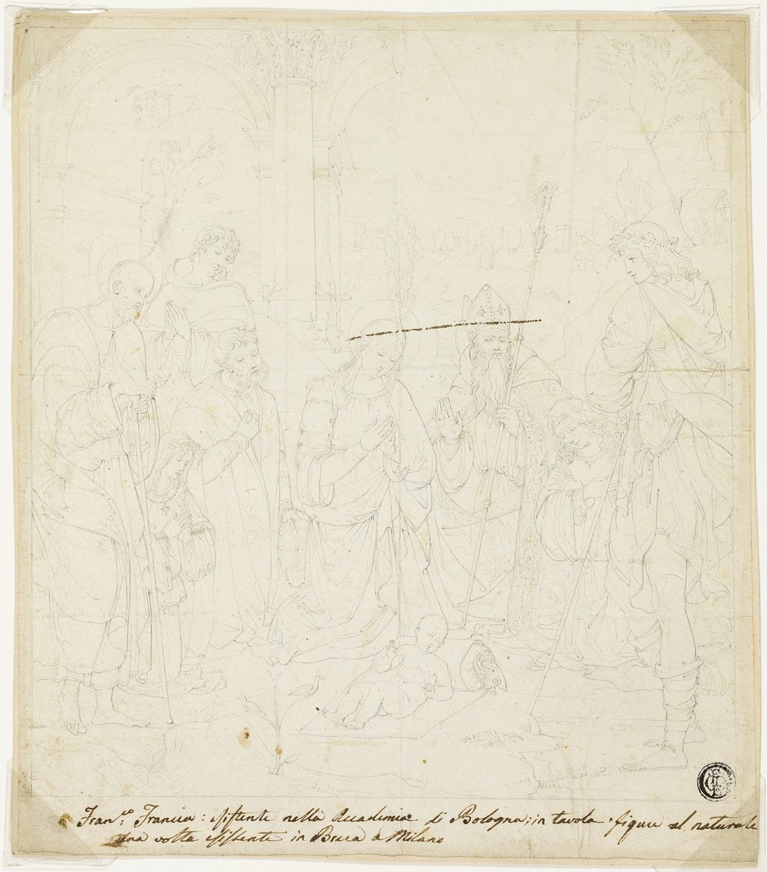 Anbetung des Christkindes mit den Heiligen Joseph, Franz von Assisi und Augustinus, begleitet von Anton Galeazzo Bentivoglio und Alessandro Bentivoglio von Francesco Francia
