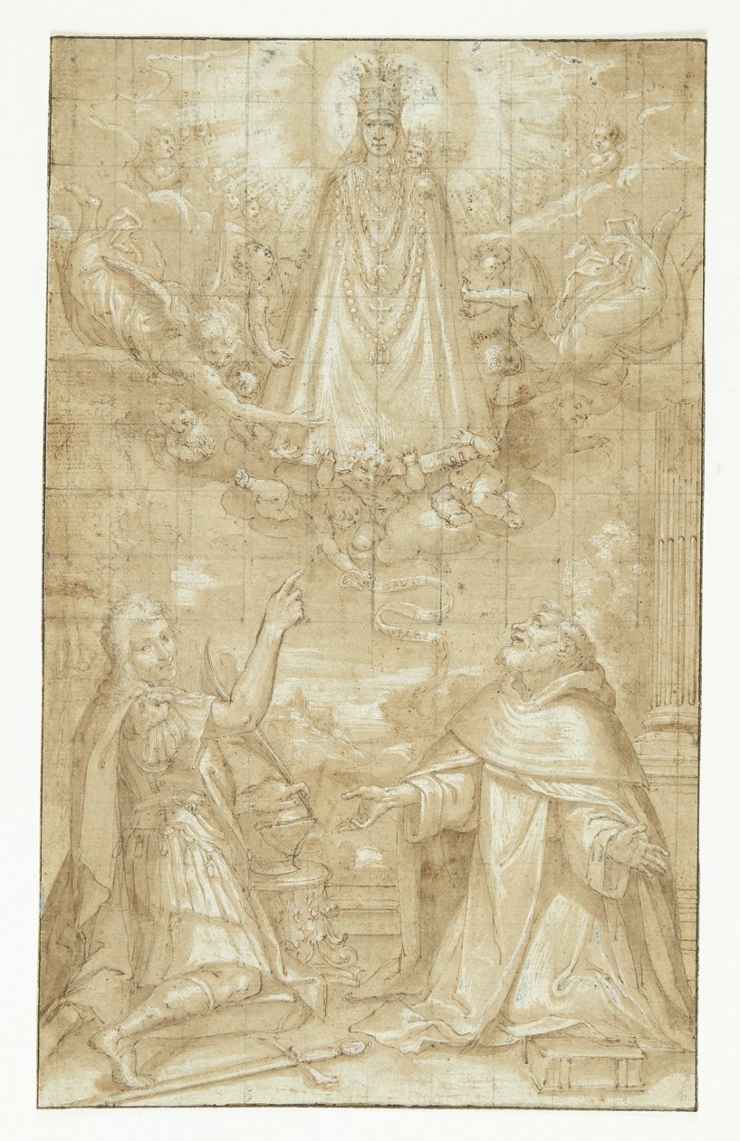 Eine gekrönte Madonna mit dem Kind, umhüllt von einem Mantel und schweren Ketten, erscheint in den Wolken, umgeben von Engeln und Cherubim, vor zwei knienden Heiligen; einer ein Soldat, der Märtyrer ist, der andere ein Geistlicher (Hyacintus?). Ein Engel r von Francesco Francia