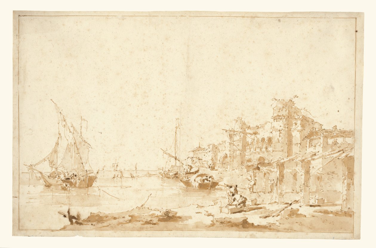 Eine imaginäre Ansicht einer venezianischen Lagune mit einer Festung am Ufer von Francesco Guardi