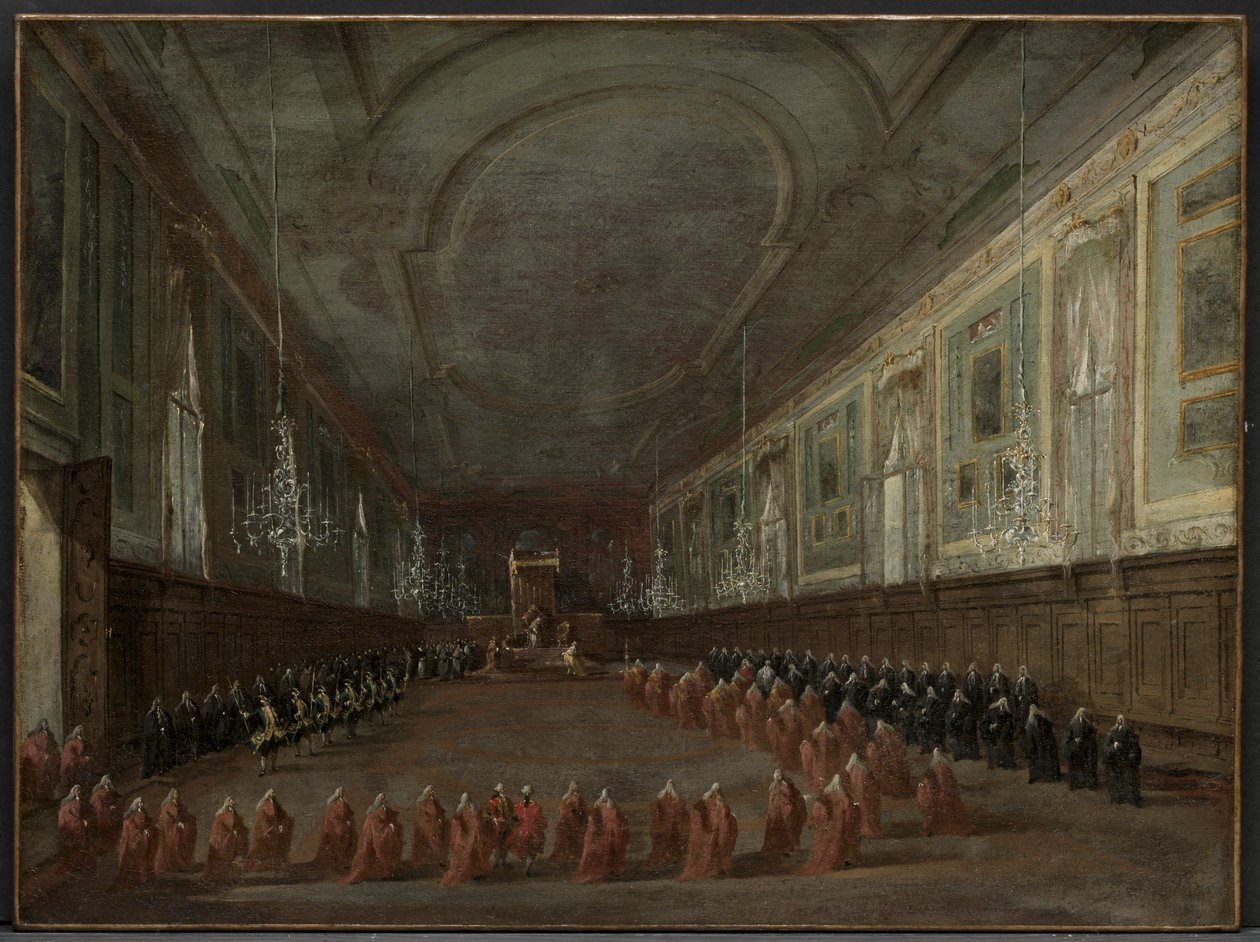 Papst Pius VI. verlässt den Thron, um sich vom Dogen zu verabschieden, im Saal..., um 1783 von Francesco Guardi