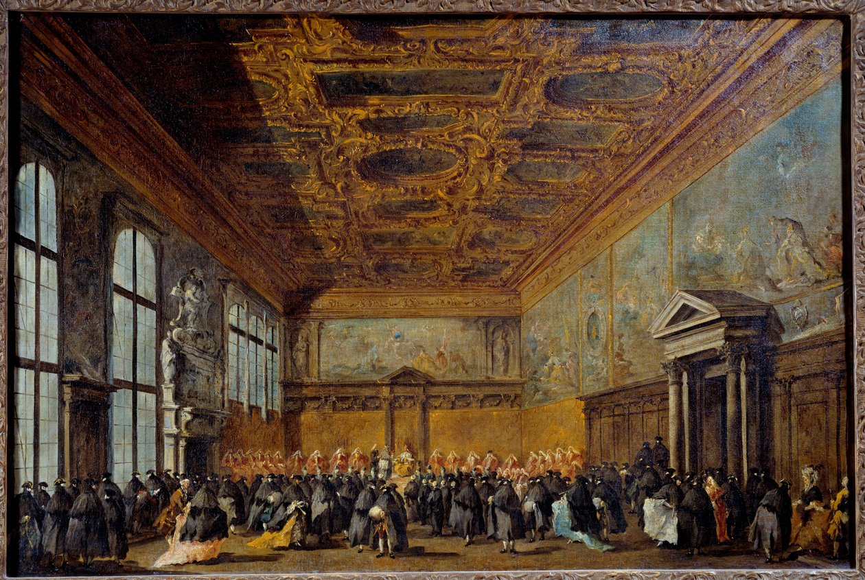 Die Audienz des Dogen von Venedig (wahrscheinlich Alvise IV Mocinego (1701-1778)) im Kollegiumssaal des Dogenpalastes von Venedig von Francesco Guardi