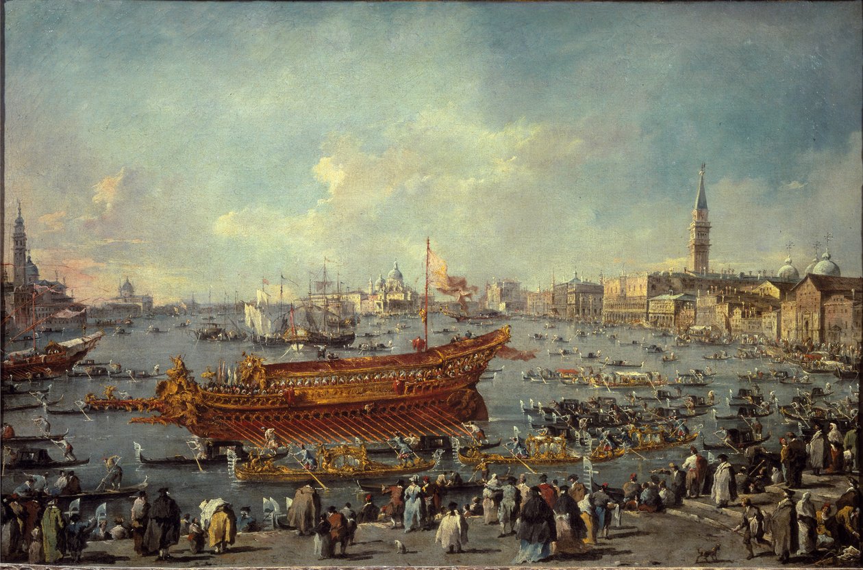 Die Abfahrt des Bucentaur zum Lido von Venedig für die Himmelfahrtszeremonie von Francesco Guardi