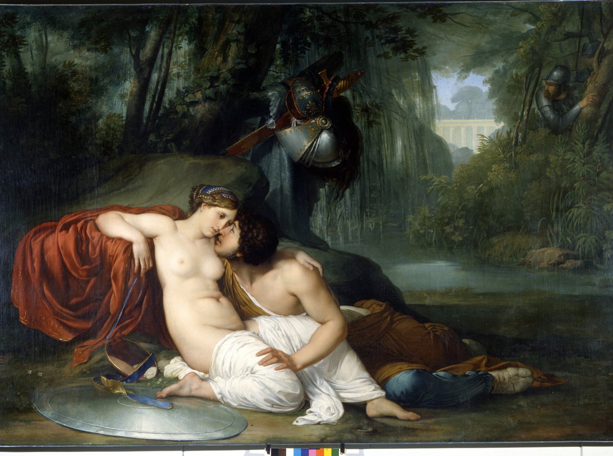 Die Liebe von Renaud und Armide. Illustration einer Szene aus „La Jerusalem delivree“ (La gerusalemme liberata) von Torquato Tasso. Die verzaubernde Armide, umgeben von sehr symbolischen Amours, verführt mit Hilfe ihres Zauberspiegels den Ritter Re von Francesco Hayez