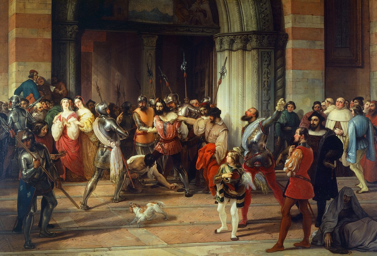 Ventura Fenaroli in der Kirche Carmine in Brescia von den Franzosen verhaftet, von Francesco Hayez von Francesco Hayez