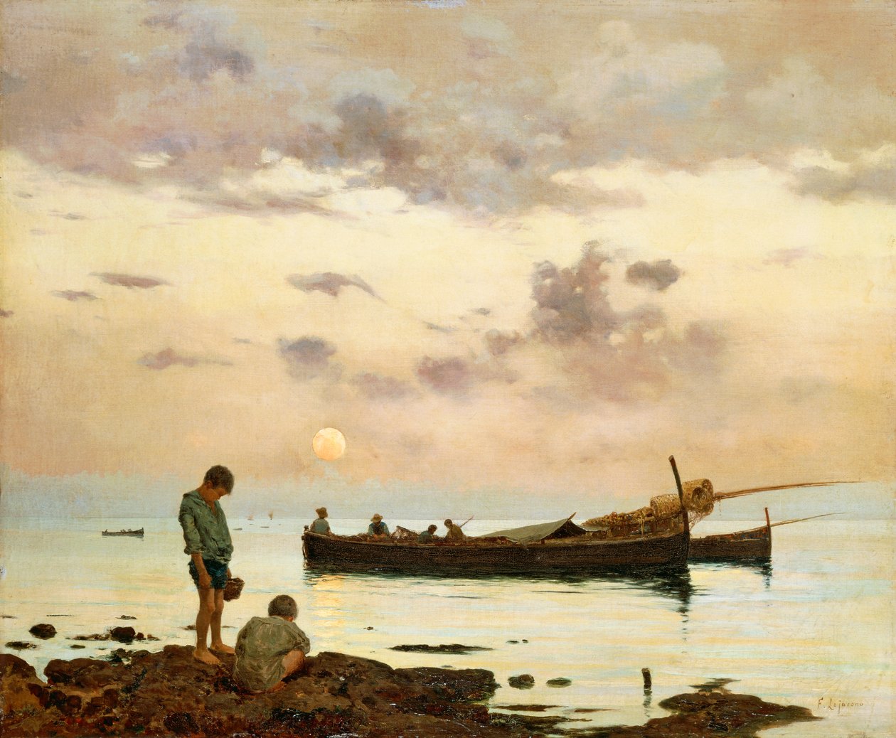 Marina mit Fischerboot und Jungen von Francesco Lojacono