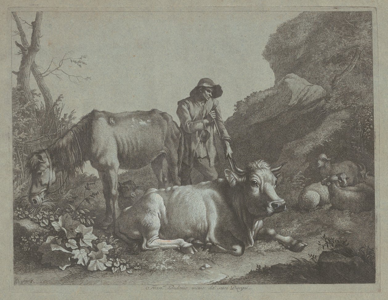 Hirte ruht sich auf einem Spazierstock mit einem alten Pferd und einem liegenden Stier aus, nach 1767 von Francesco Londonio