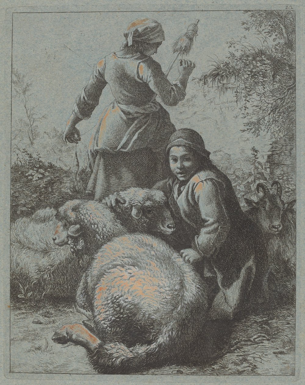 Spinnerin und ein Schäfer mit Herde, 1758-1759 von Francesco Londonio