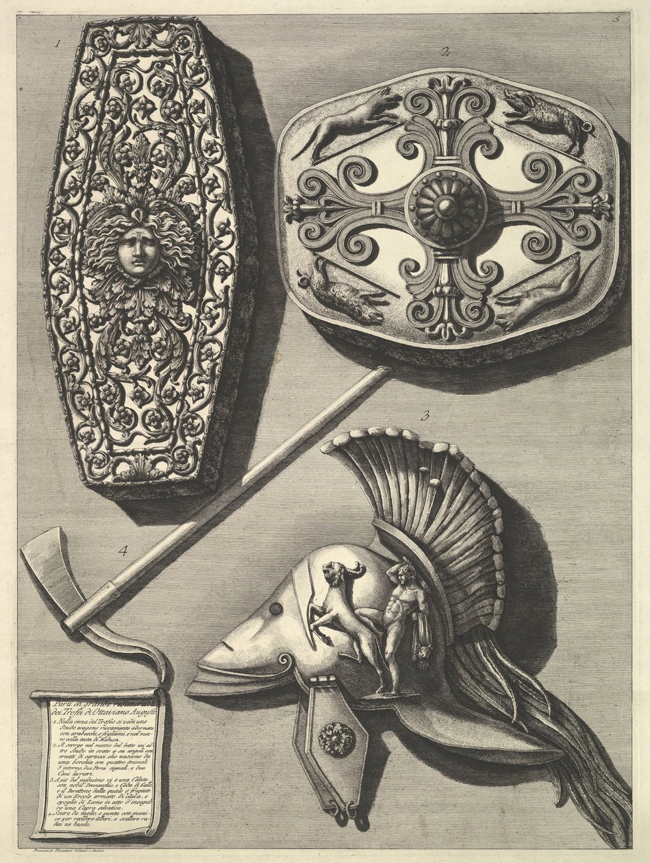 Restauriertes Detail der Trophäen von Ottaviano Augusto, ca. 1753 von Francesco Piranesi