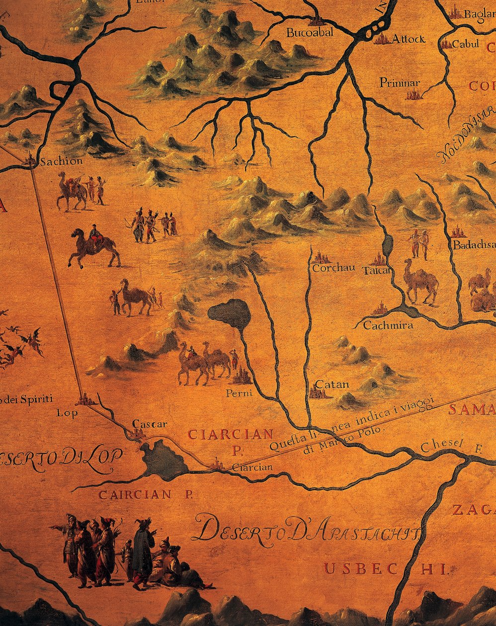 Detail der Route von Marco Polo durch die östlichen Wüsten, Karte von Tartary von Francesco and Ramusio Giovan Battista Grisellini