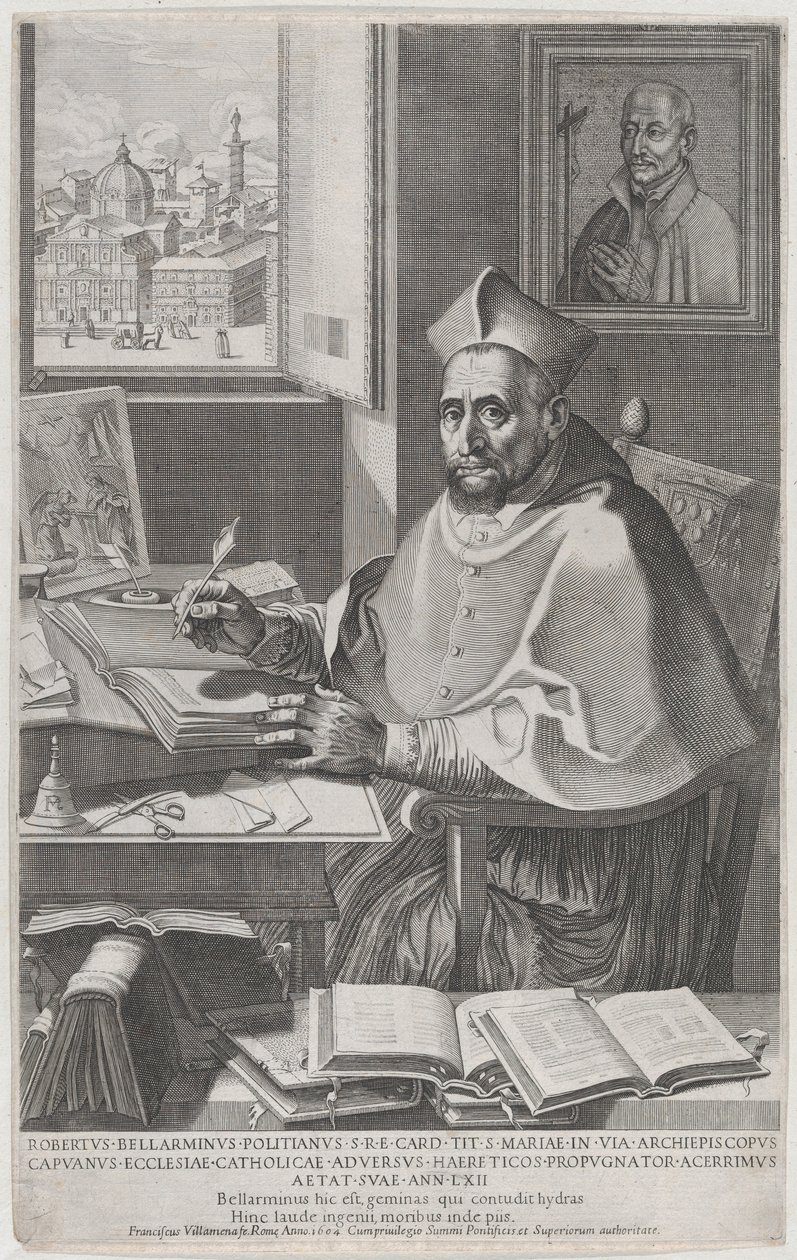 Kardinal Roberto Bellarmino an seinem Schreibtisch, schreibend, 1604 von Francesco Villamena