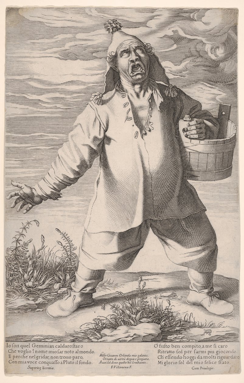 Geminiano Caldarostaro ruft und hält einen Eimer, mit einem Quastenhut, ca. 1597-1601 von Francesco Villamena