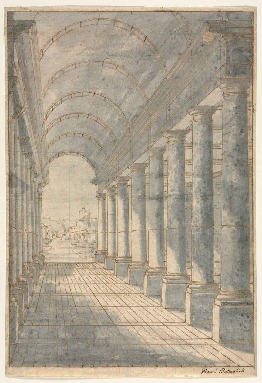 Tonnengewölbte Arkade in Perspektive dargestellt, 1700er von Francessco Battaglioli