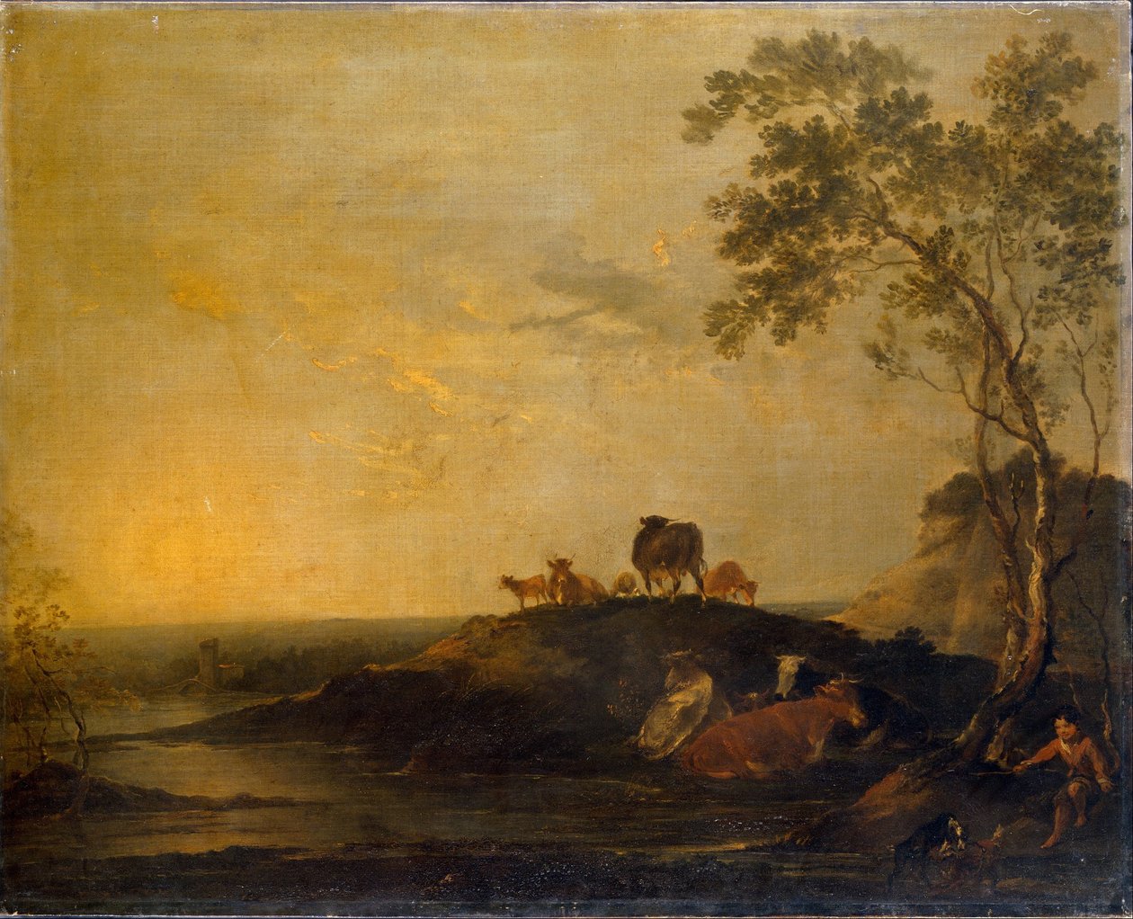 Landschaft mit Vieh Kühe auf einem Hügel an einem Bach von Francis Bourgeois