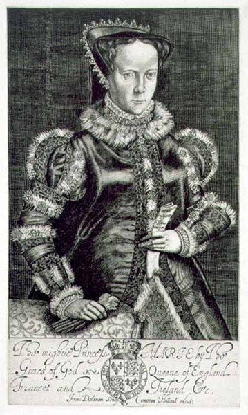 Porträt von Maria I. (1516-58) mit der Bittschrift von Thomas Hongar, graviert vom Künstler, veröffentlicht von Compton Holland von Francis Delaram