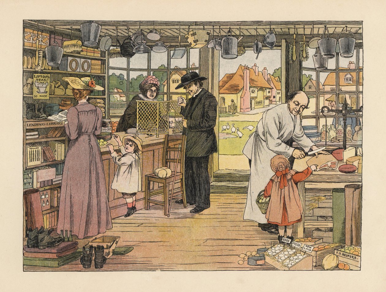 Viktorianische Kunden kaufen Schinken, Bücher und Postanweisungen im Dorfladen. Chromolithographie nach einer Illustration von Francis Donkin Bedford aus Edward Verrall Lucas