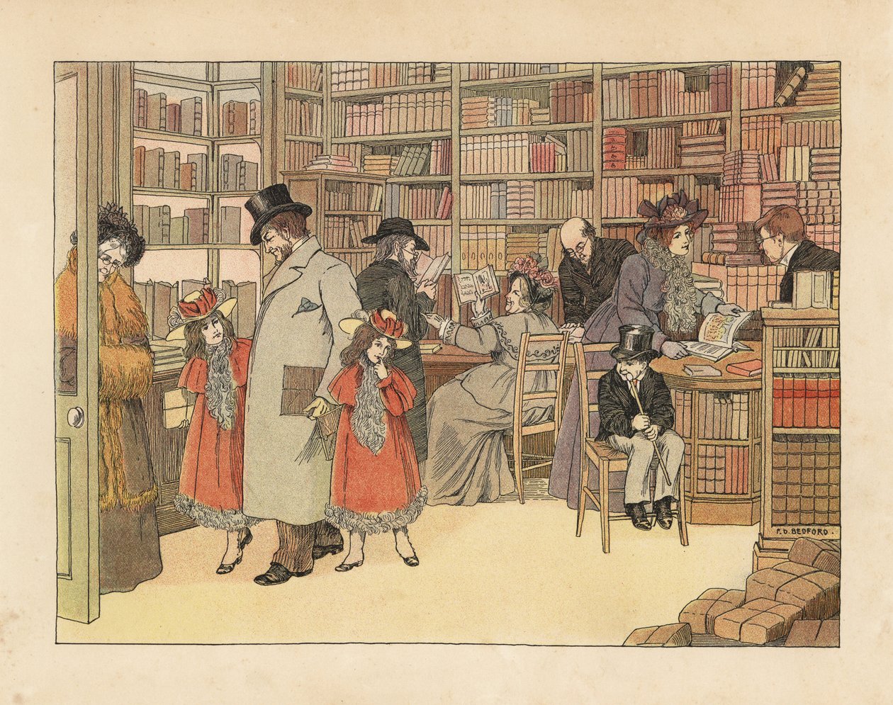 Viktorianische Kunden in einer Buchhandlung. Chromolithographie nach einer Illustration von Francis Dorkin Bedford aus Edward Verrall Lucas
