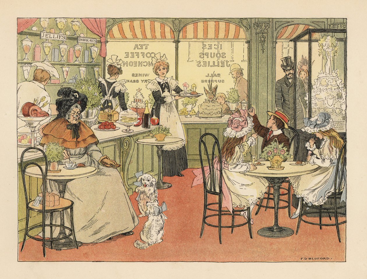 Viktorianische Kunden in einem Tee- und Süßwarengeschäft. Chromolithographie nach einer Illustration von Francis Donkin Bedford aus Edward Verrall Lucas