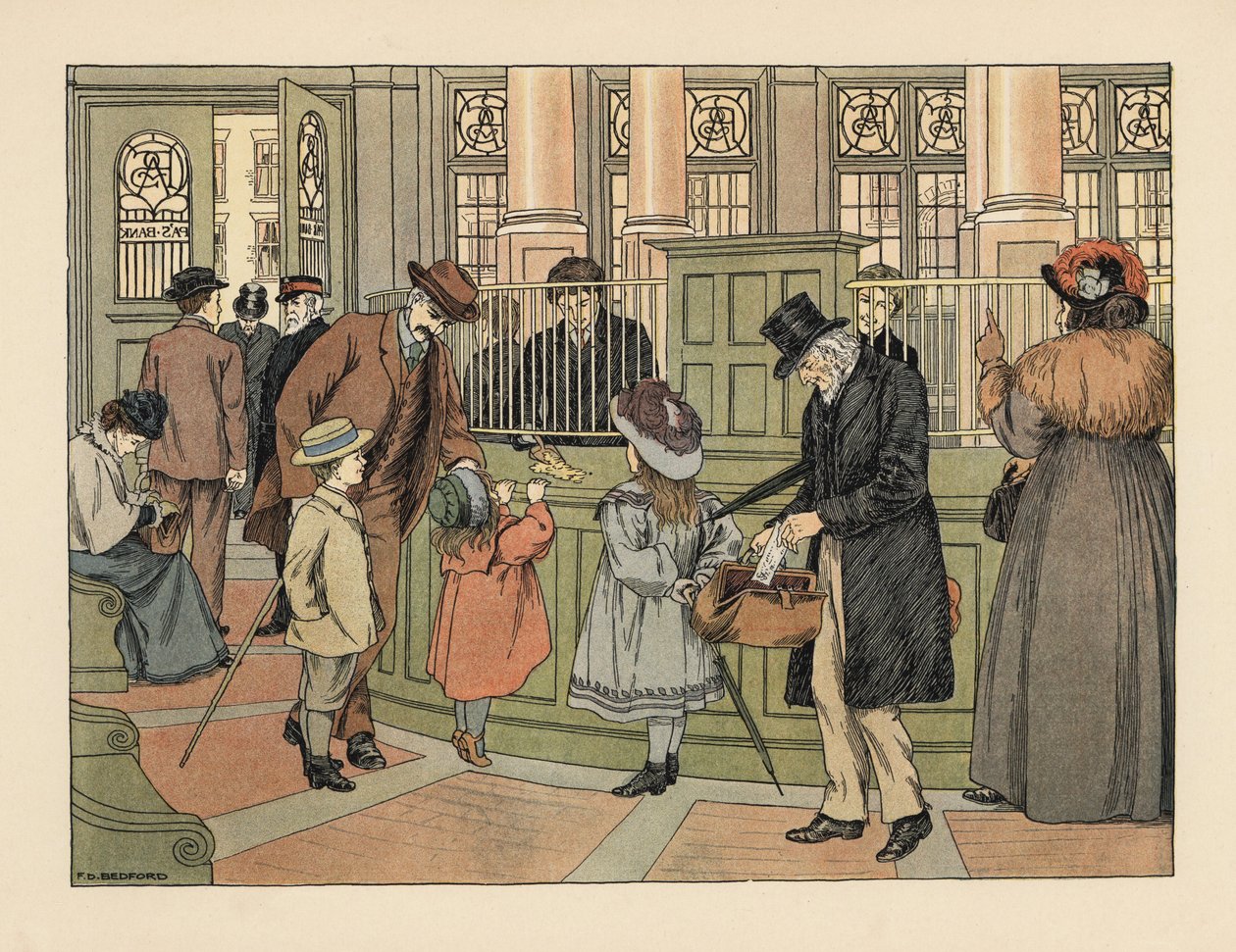 Viktorianische Familie bei einer Bank, die Geld von einem Schalter mit Bankbelegen abhebt. Chromolithographie nach einer Illustration von Francis Donkin Bedford aus Edward Verrall Lucas