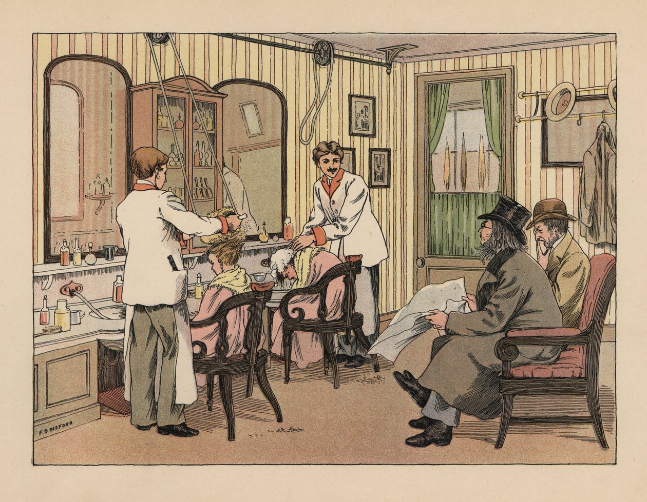Viktorianische Herren lassen sich im Friseursalon die Haare shampoonieren und mit einer Haarbürstenmaschine behandeln. Chromolithographie nach einer Illustration von Francis Donkin Bedford aus Edward Verrall Lucas