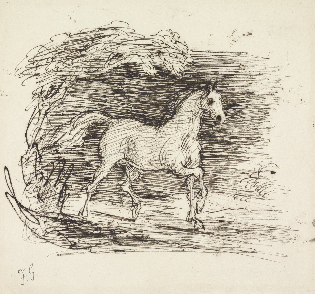 Ein graues Pferd trabt aus einem Wald von Francis Grant
