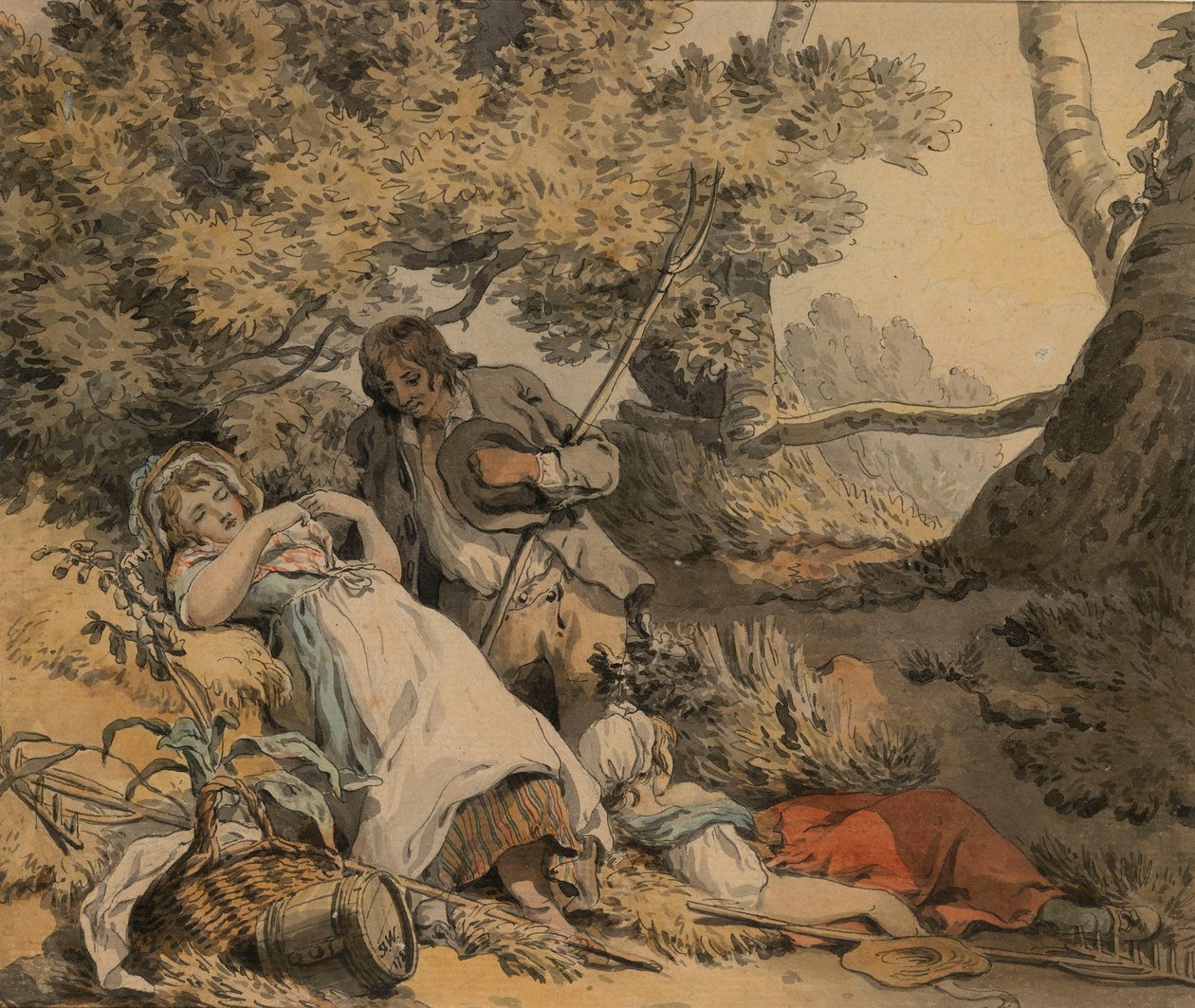 Ein Schäfer und zwei Schäferinnen ruhen im Schatten von Francis Wheatley